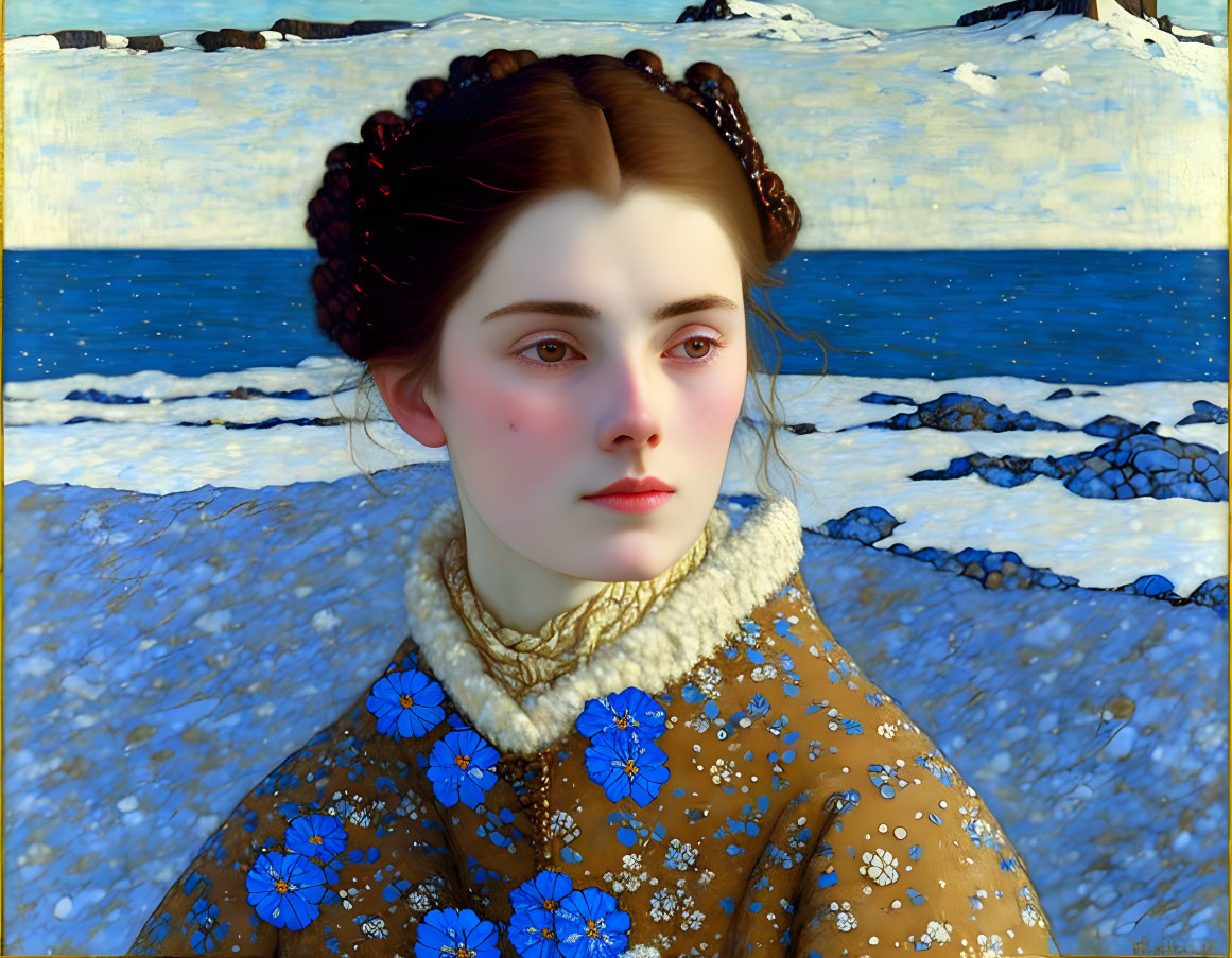 Young woman in braided updo, brown dress with blue flowers, snowy seascape backdrop