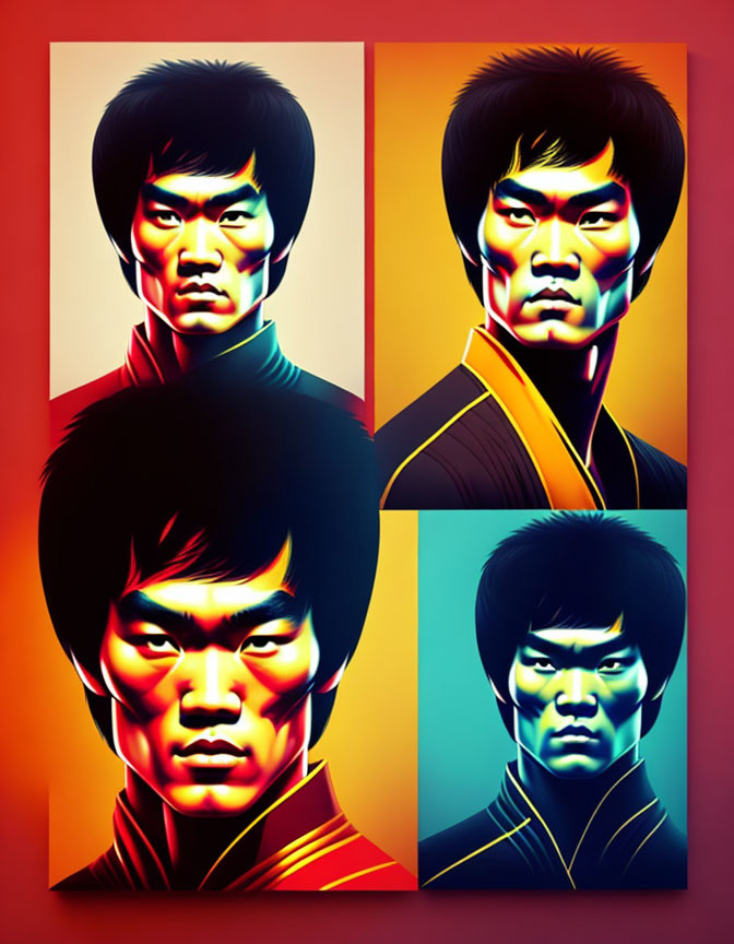 Four stylized portraits of a man with intense expressions and martial arts uniform in varying color palettes