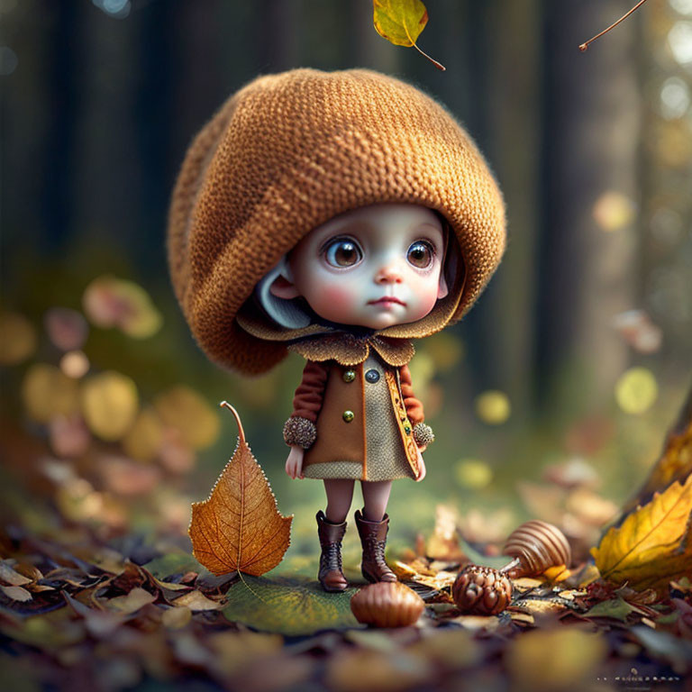 Small child animated character in brown coat with hat and boots among autumn leaves.