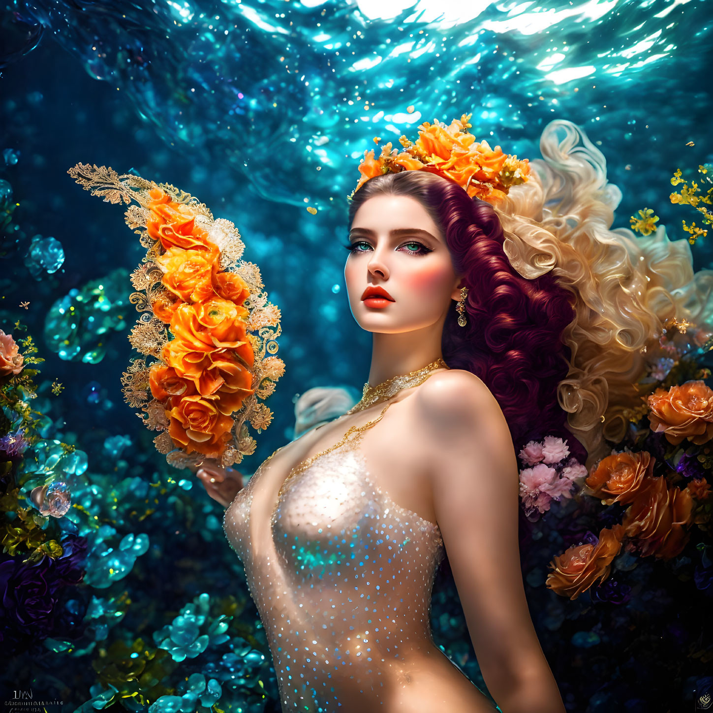 Vivid underwater scene with woman and orange floral hair arrangements