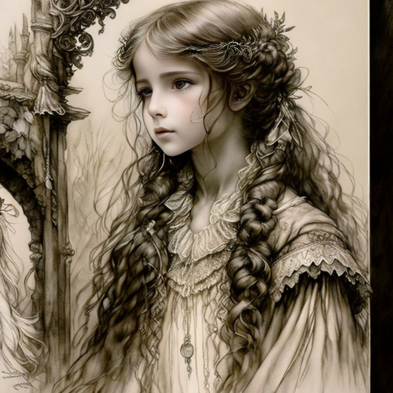 Sepia-toned illustration of girl with braided hair and leaf-like accents