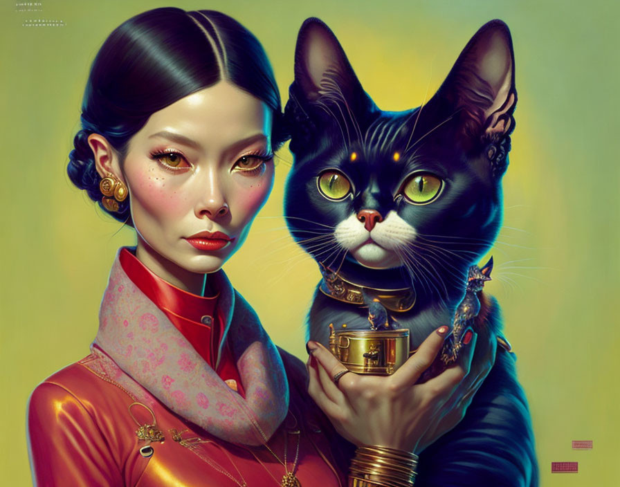 Digital artwork: Woman in traditional attire with large hyper-realistic cat and luminescent eyes.