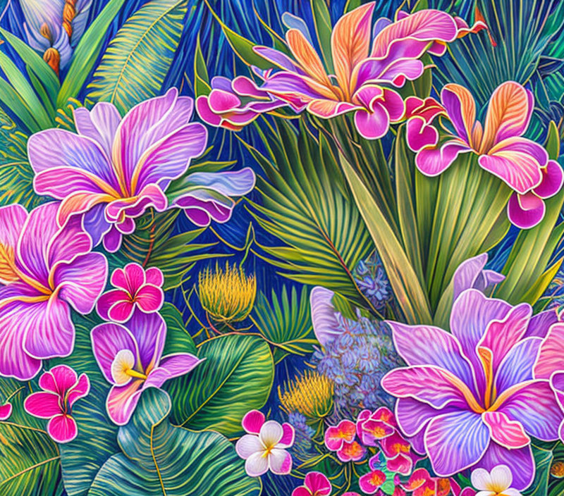 Colorful Tropical Floral Pattern with Pink and Purple Flowers