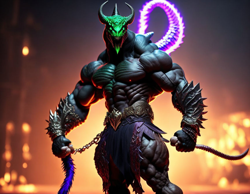 Muscular demon with horns and glowing eyes in spiked armor.