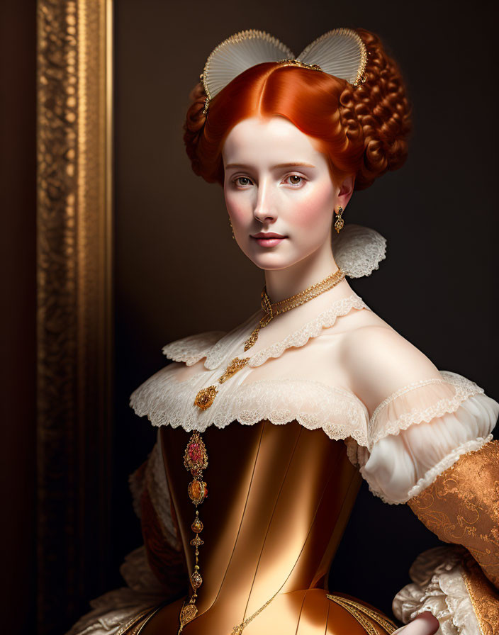 Historical woman with red hair in ornate updo and golden gown