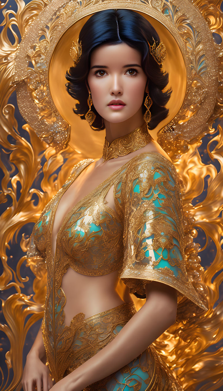 Luxurious woman with golden halo headdress and ornate dress