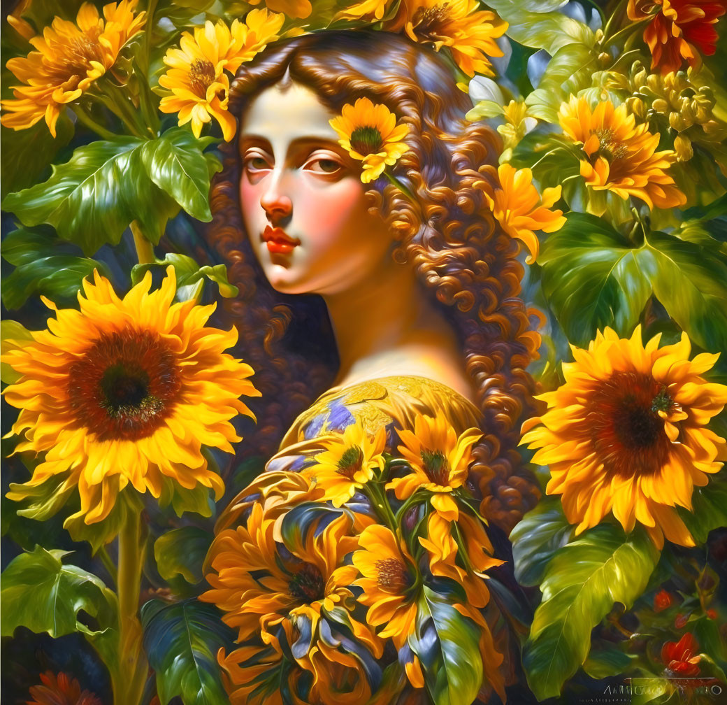 Woman with Golden Hair Surrounded by Sunflowers