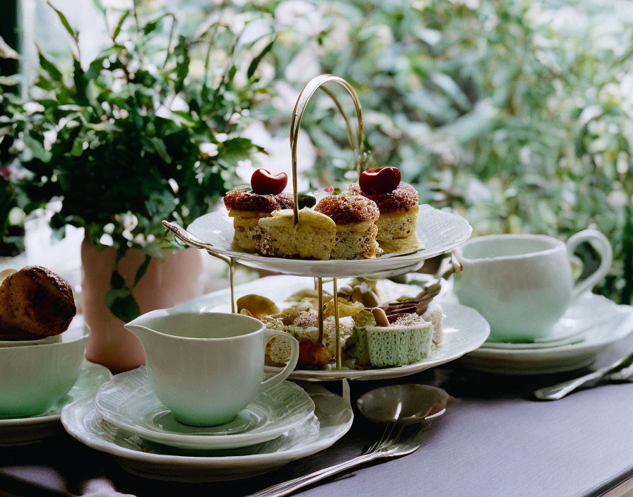 Three-tiered afternoon tea stand with scones, sandwiches, and pastries on lush green backdrop