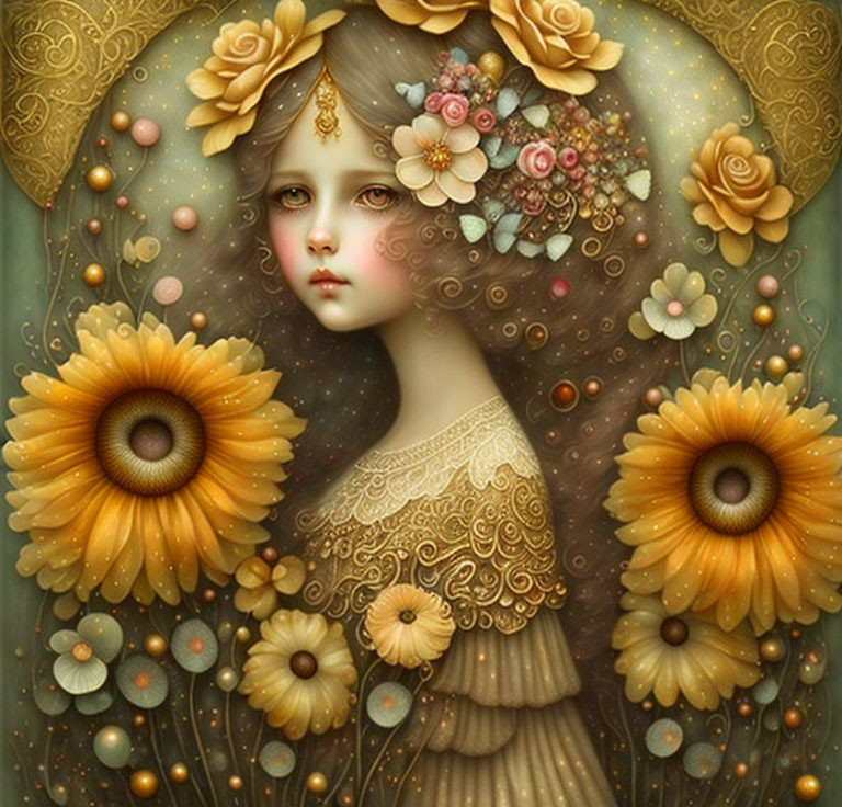 Young girl illustration with expressive eyes and floral halo in gold, brown, and green palette