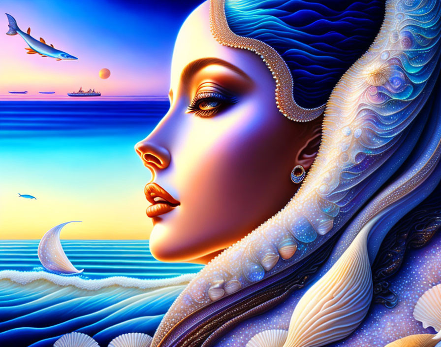 Colorful digital art: Woman with intricate hair, pearls, marine motifs, oceanic sunset.