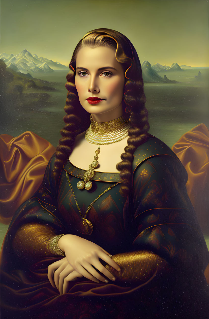 Portrait of woman with long braided hair in Renaissance gown against mountain backdrop