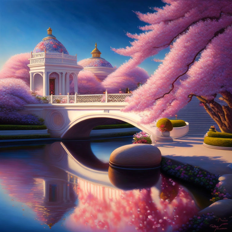 Ornate white bridge in serene fantasy landscape