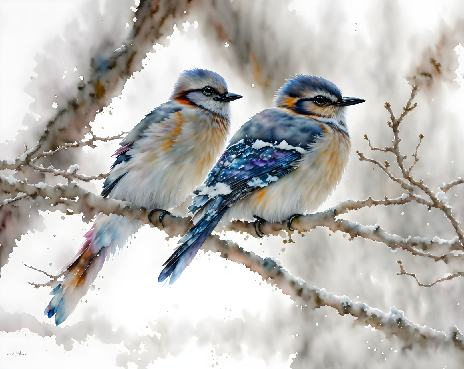 Vibrantly colored birds on branch in snowy backdrop