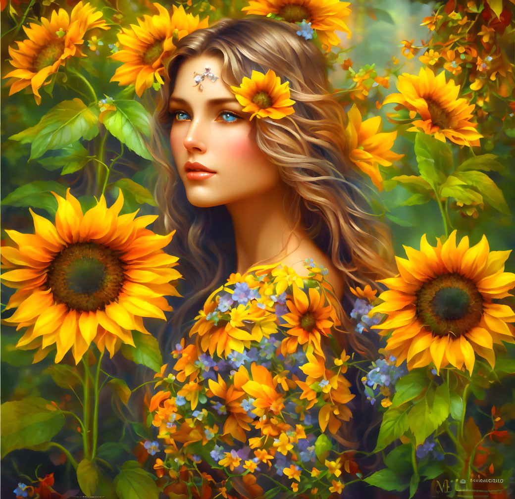 Woman in Sunflower Field with Floral Attire and Serene Expression