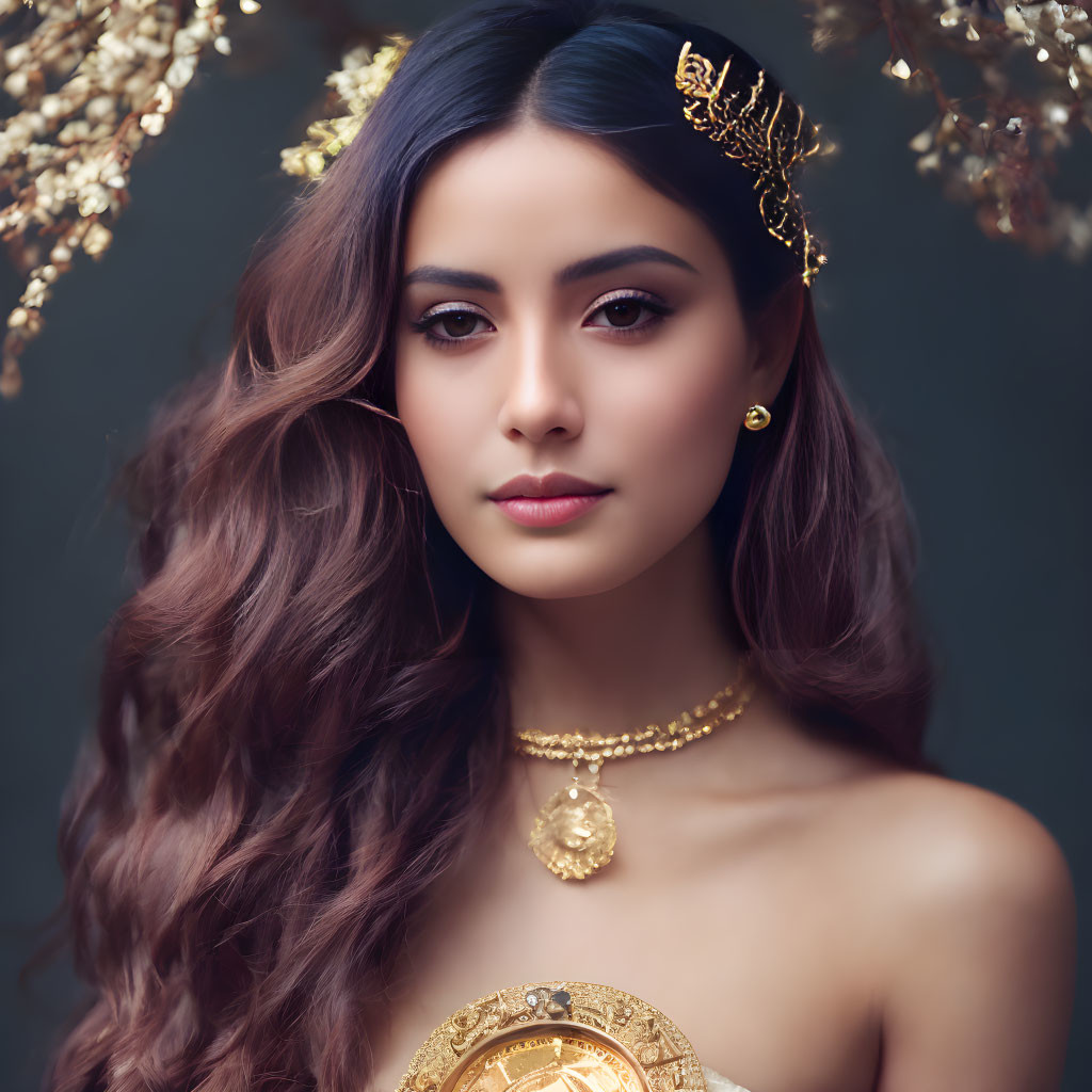 Woman with Long Wavy Hair and Golden Headpiece in Elegant Pose