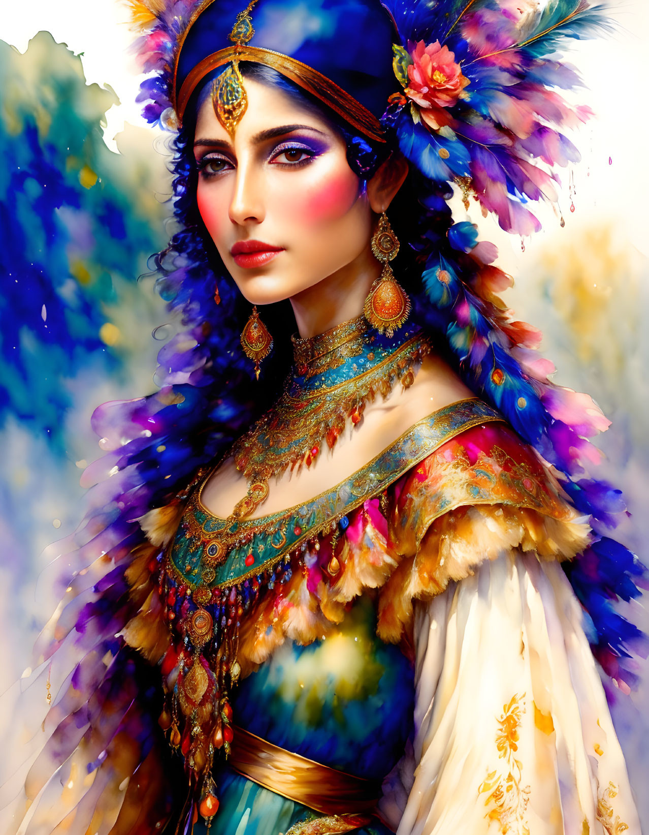 Colorful digital artwork of a woman in ornate jewelry and feathers