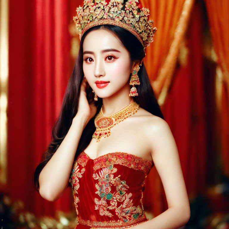 Traditional Red and Gold Attire Woman with Ornate Headdress and Jewelry Against Red Drapery Background