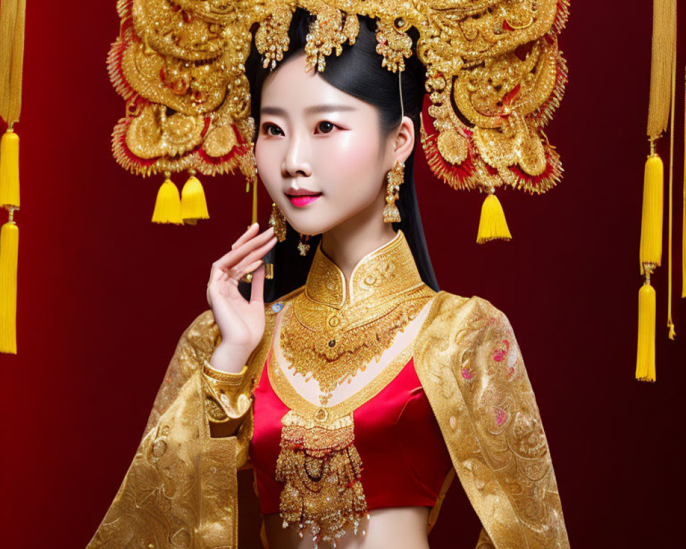 Elaborate golden headdress and red attire on regal woman