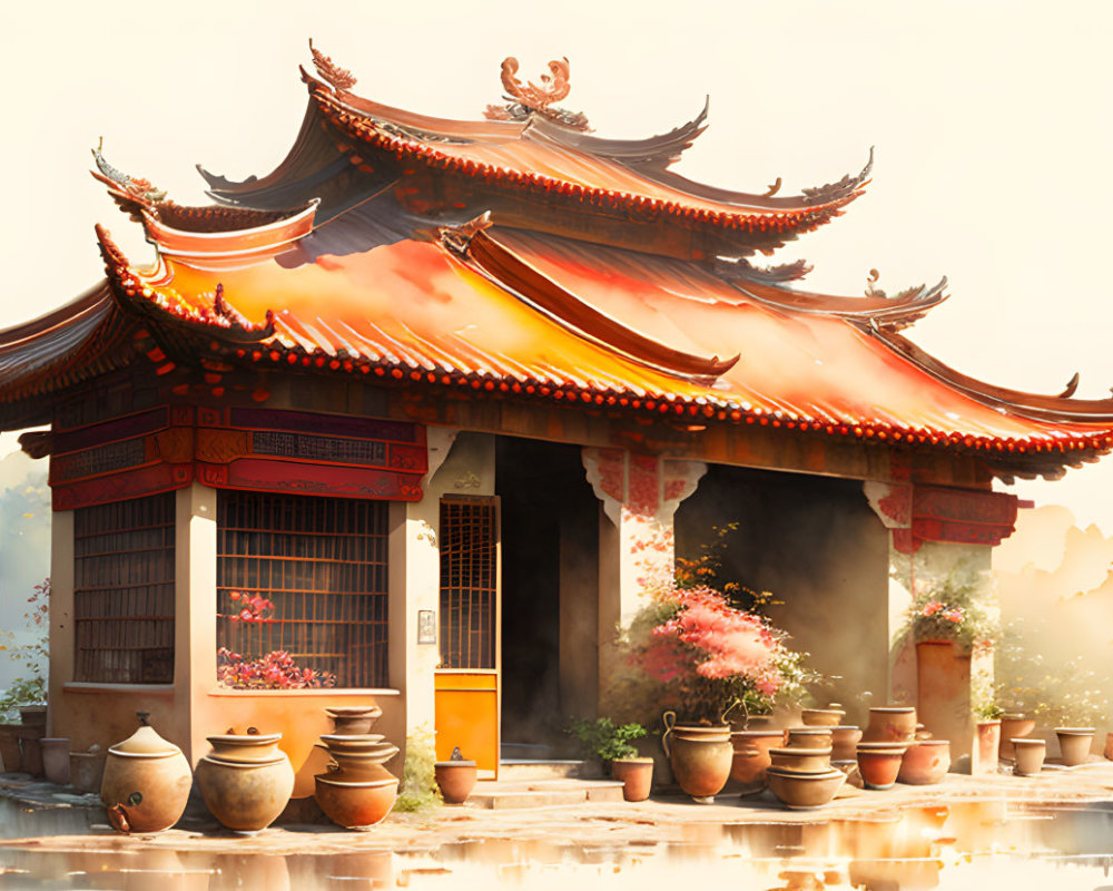 Ornate Asian Temple with Red Columns and Potted Plants in Misty Setting