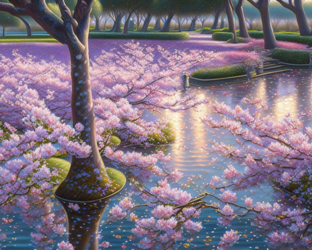 Tranquil pond with blooming cherry blossoms and trimmed hedges