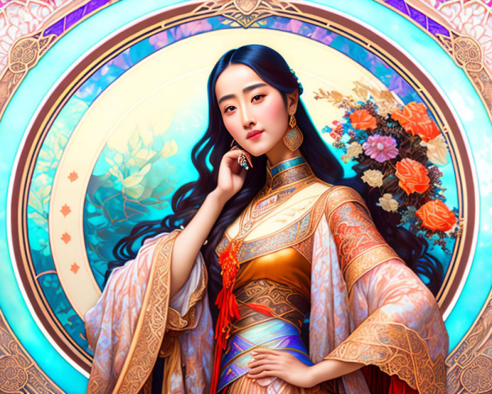 Illustrated Woman in Traditional Asian Attire with Intricate Patterns in Circular Floral Frame