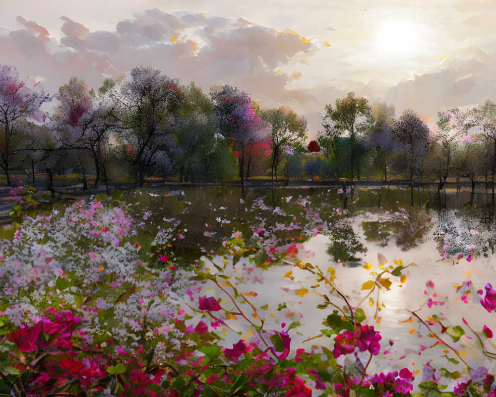 Tranquil lake at sunset with blooming trees and flowers