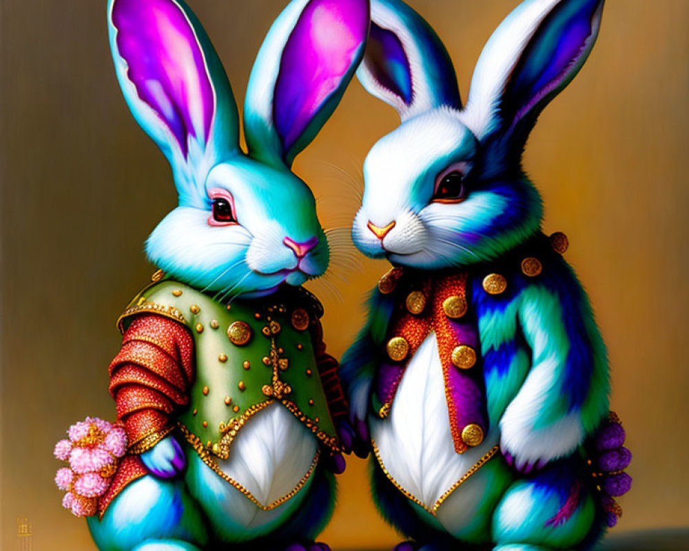 Anthropomorphic rabbits in regal attire on warm-toned background