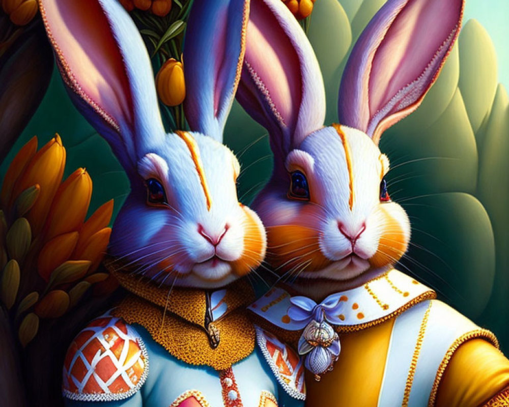 Colorful Anthropomorphic Rabbits in Renaissance-Inspired Attire with Flora and Eggs