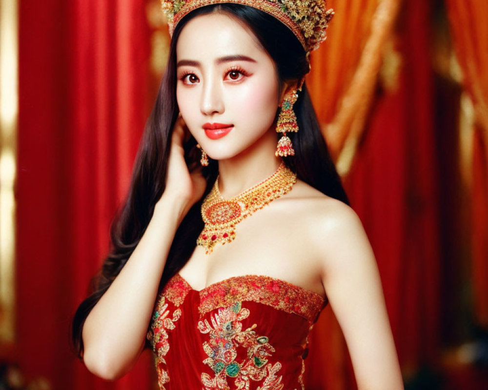 Traditional Red and Gold Attire Woman with Ornate Headdress and Jewelry Against Red Drapery Background