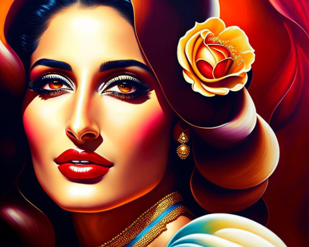 Colorful portrait of a woman with a rose in her hair, blending realism and surrealism