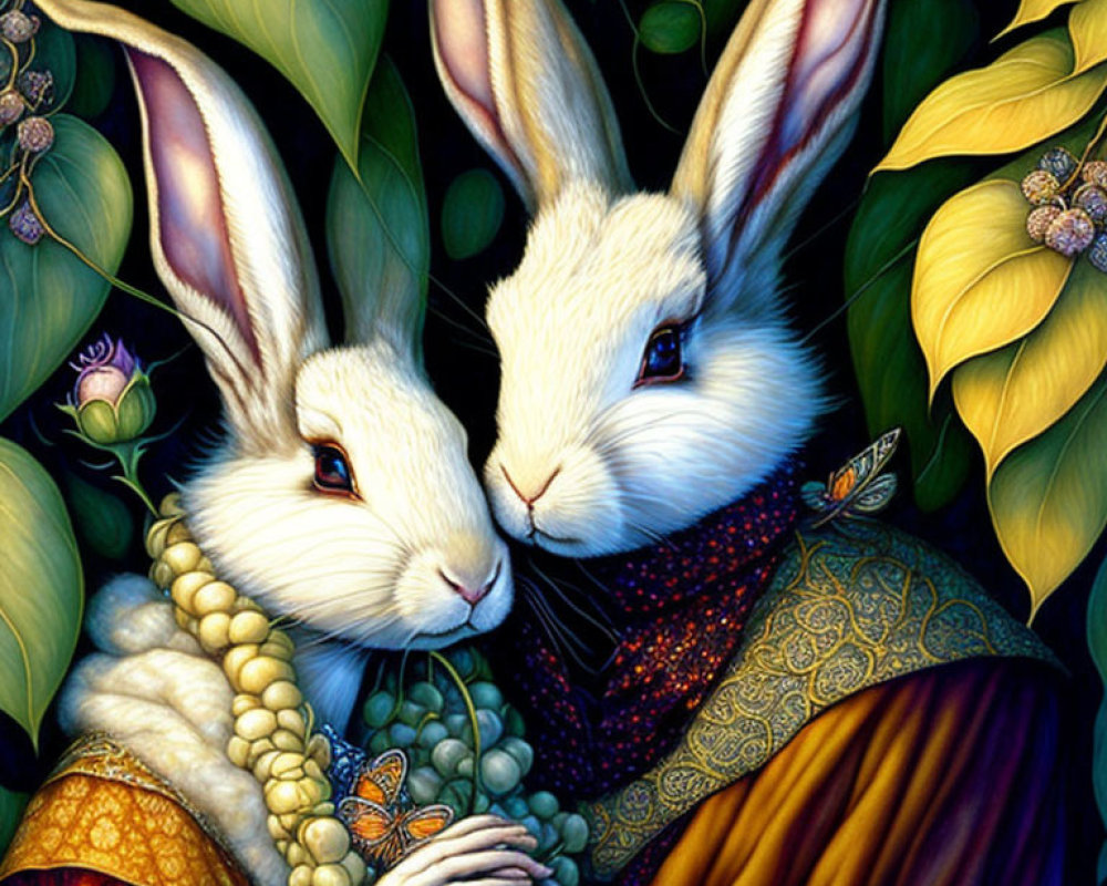 Anthropomorphic rabbits in intricate attire against green foliage