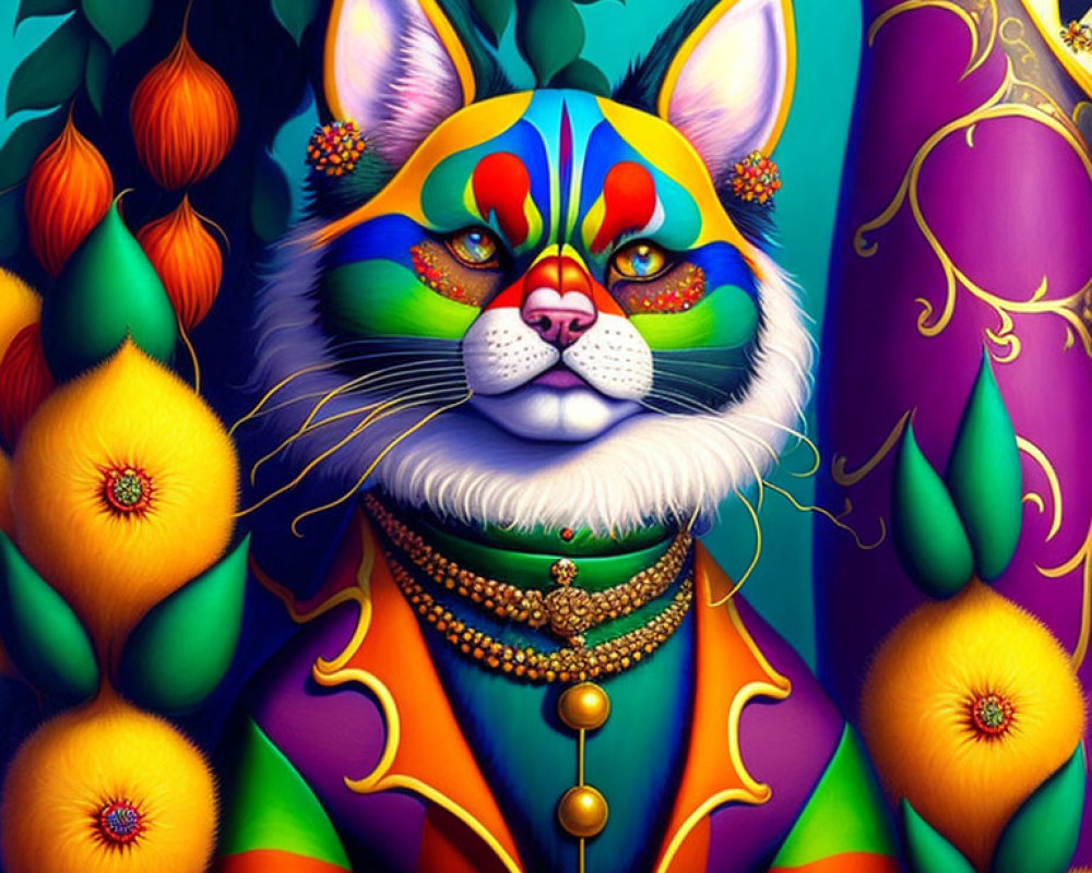 Colorful Cat Artwork with Intricate Face Paint and Regal Costume