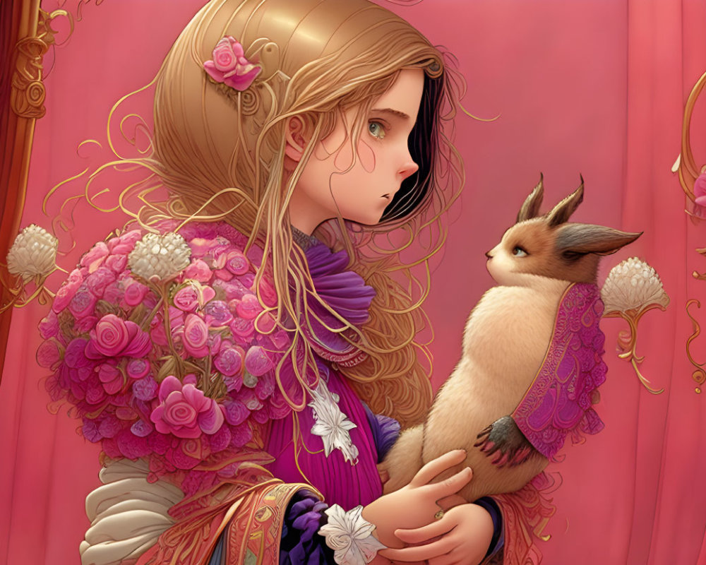 Blonde girl holding fennec fox with pink roses and floral dress