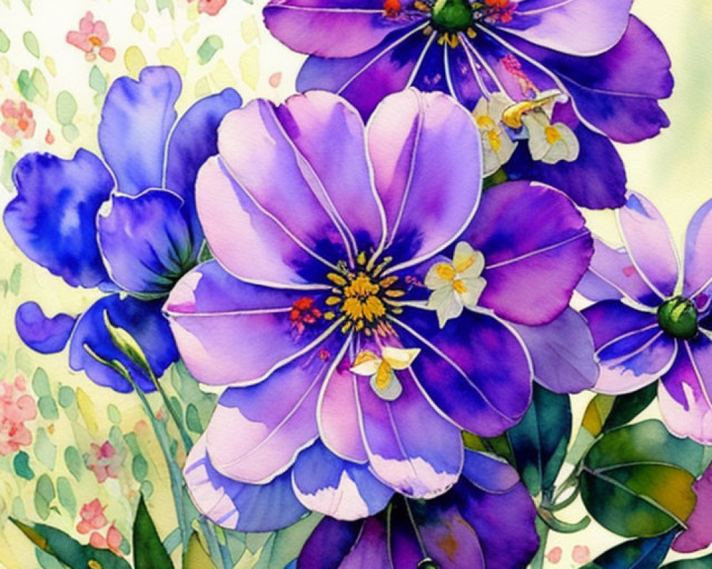 Vibrant Purple Flowers Watercolor Painting with Green Foliage