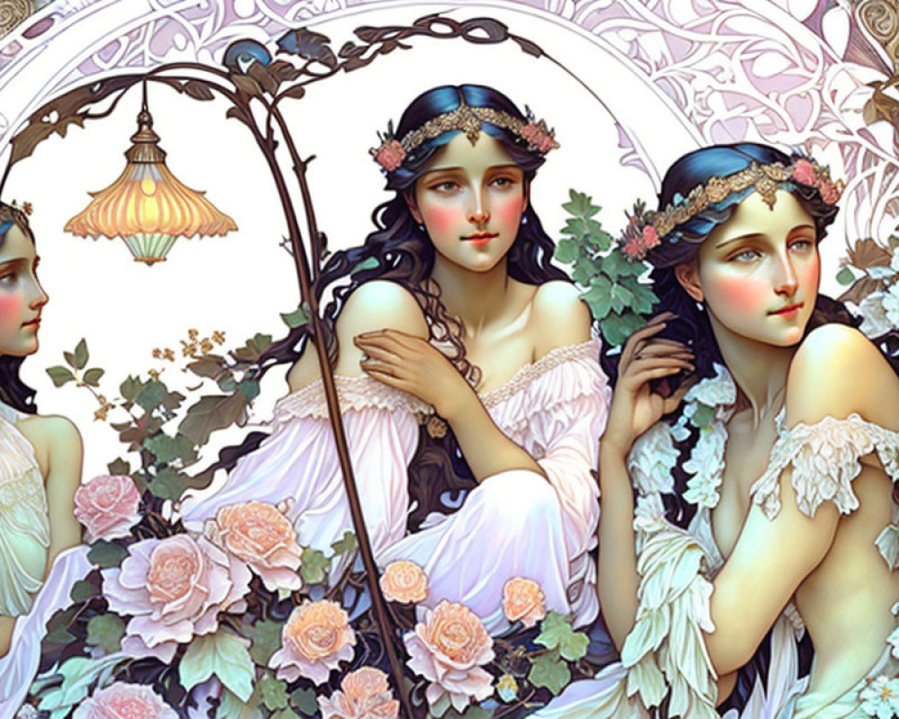 Three women in floral crowns and classical attire in Art Nouveau-inspired setting.