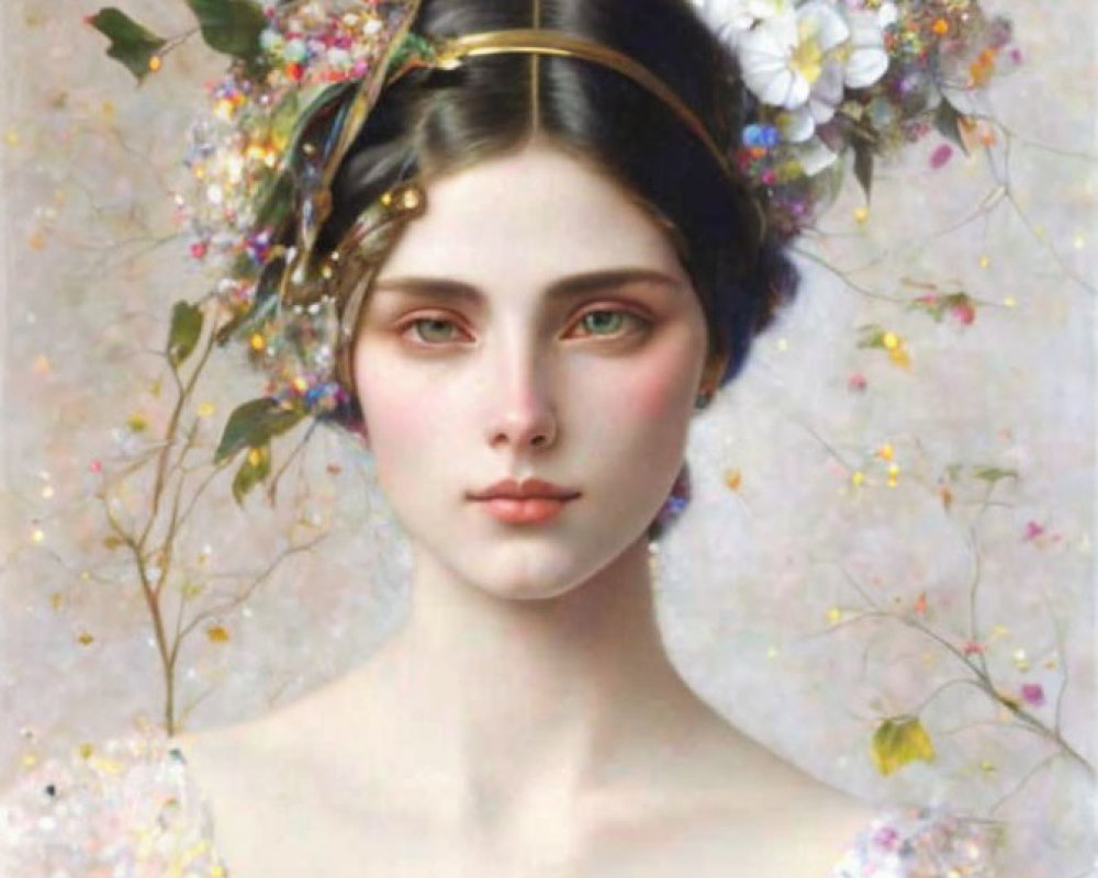 Portrait of woman with dark hair, gold headband, and flowers on soft floral background