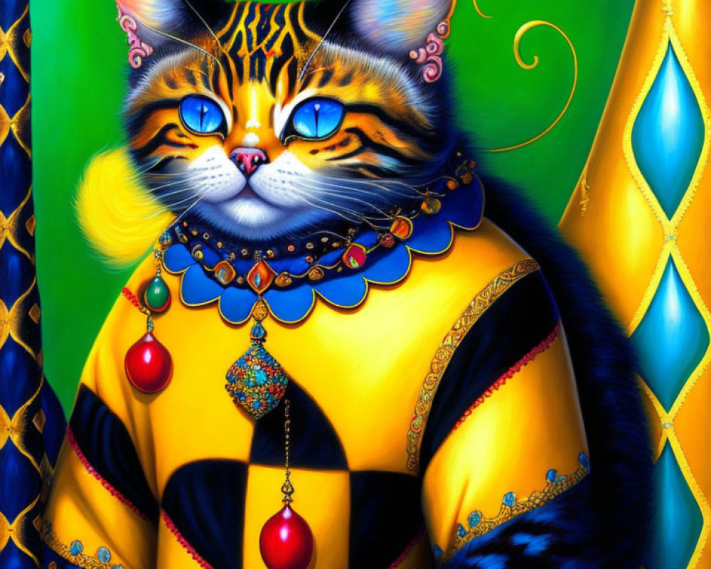 Regal cat digital art with blue eyes and jeweled collar