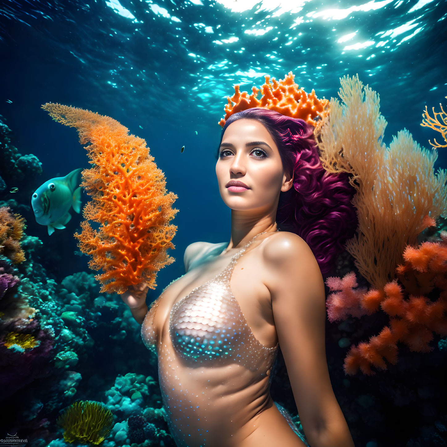 Mermaid-styled woman with coral crown in underwater scene