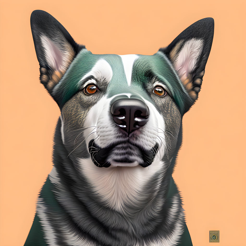 Realistic dog digital illustration with green-white fur on orange background