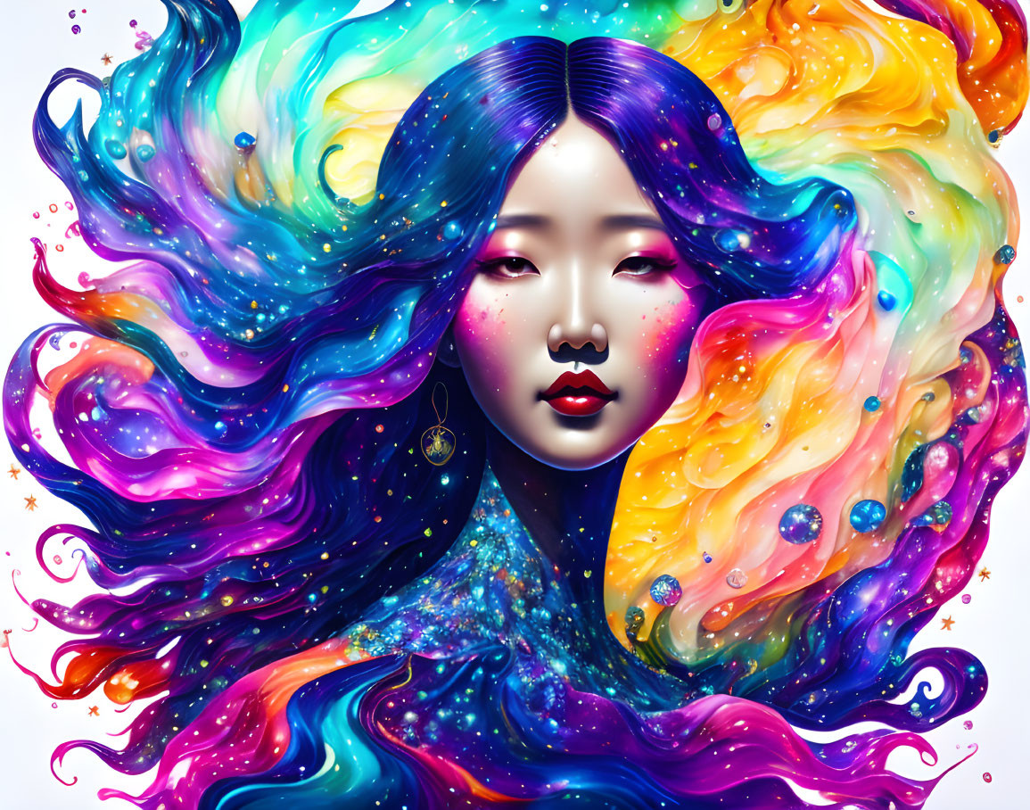 Colorful digital artwork: Woman with cosmic hair and stars