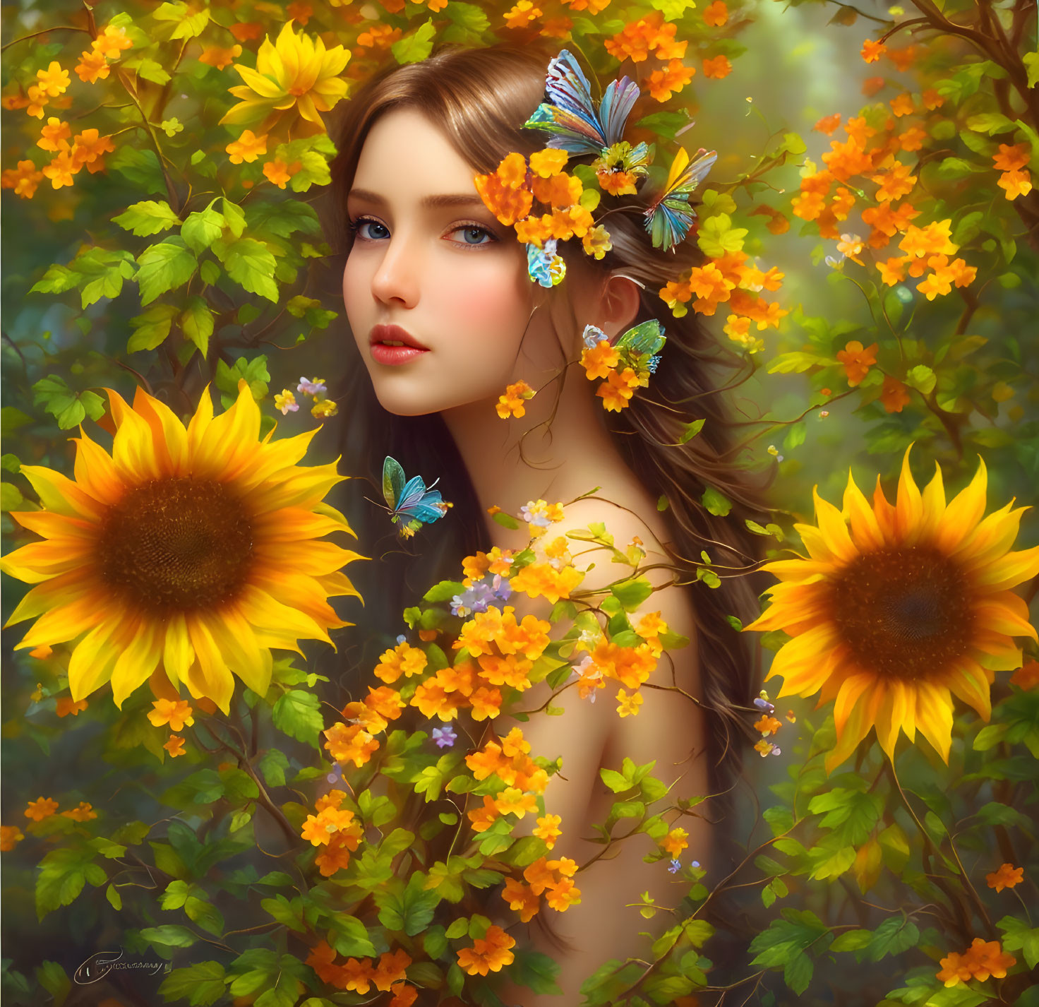 Woman in vibrant floral scene with sunflowers and butterflies.