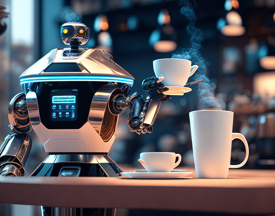 Futuristic robot barista serving coffee in cozy cafe