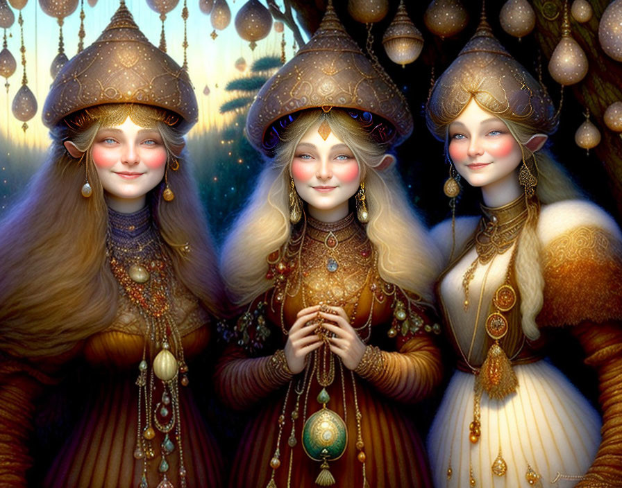 Three female characters with pointy ears, golden helmets, and medieval dresses in an enchanted forest