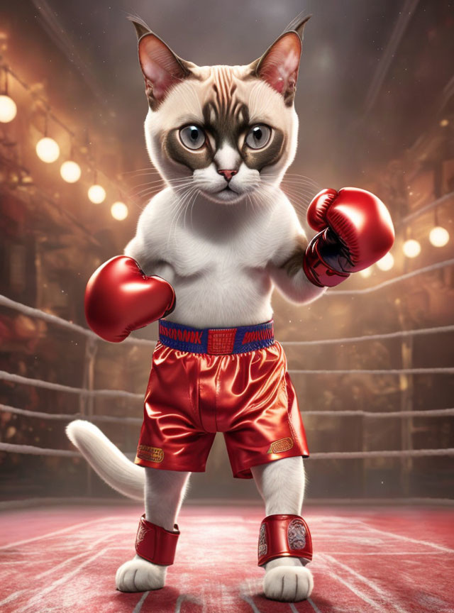 Digitally altered image of a cat in boxing attire