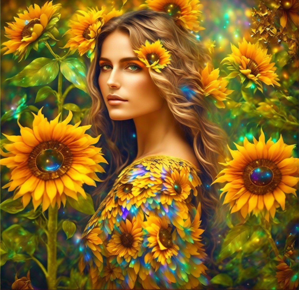 Woman adorned with sunflowers in surreal portrait