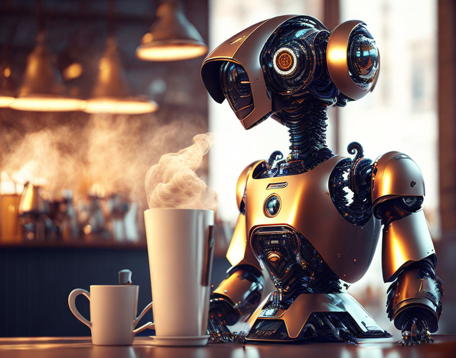 Humanoid robot sitting at a bar with steaming cup