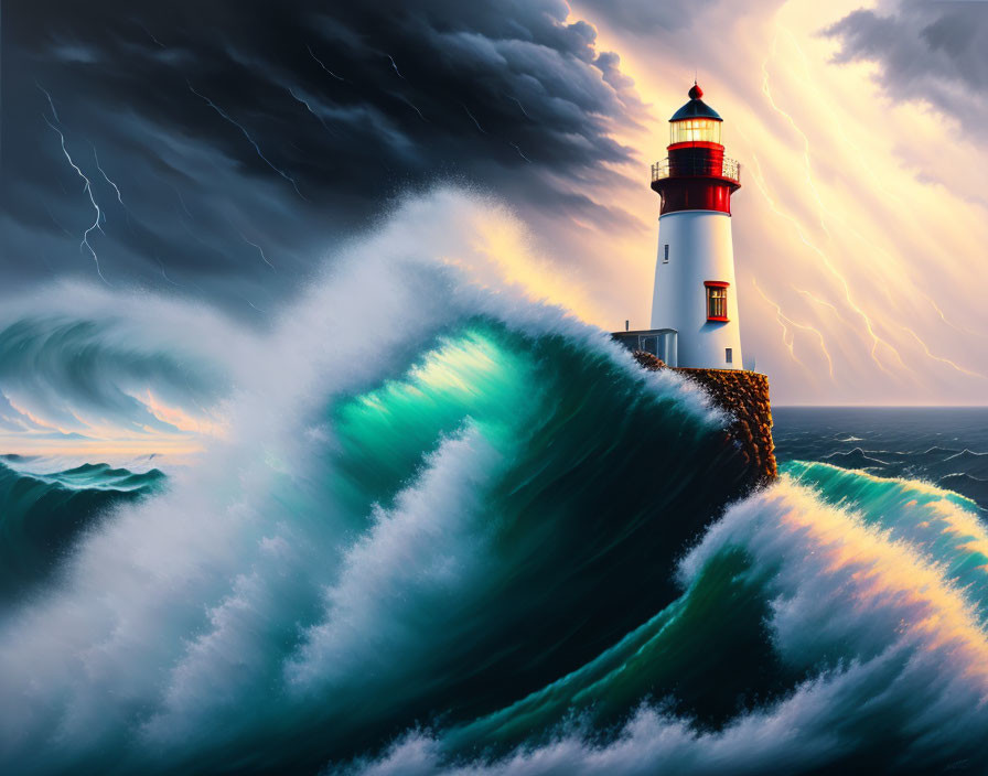 Stormy sky with lightning: Lighthouse against ocean waves