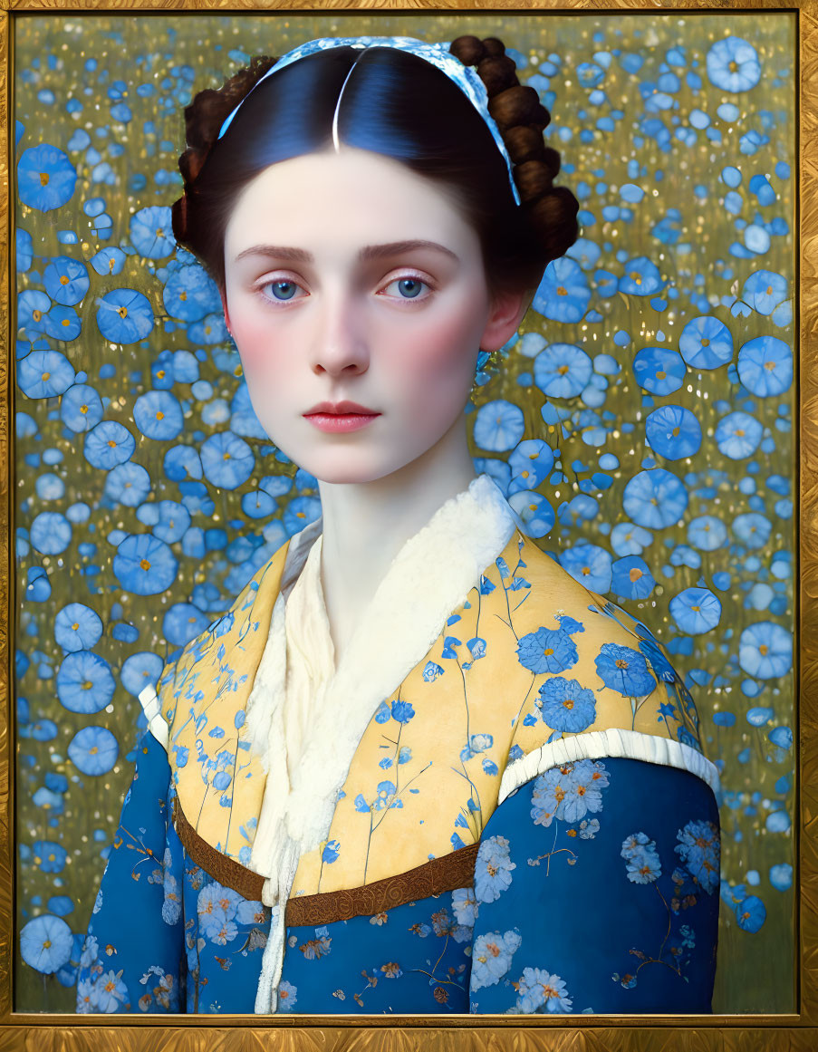 Portrait of woman with pale skin, dark hair, headband, blue flower backdrop, yellow & blue