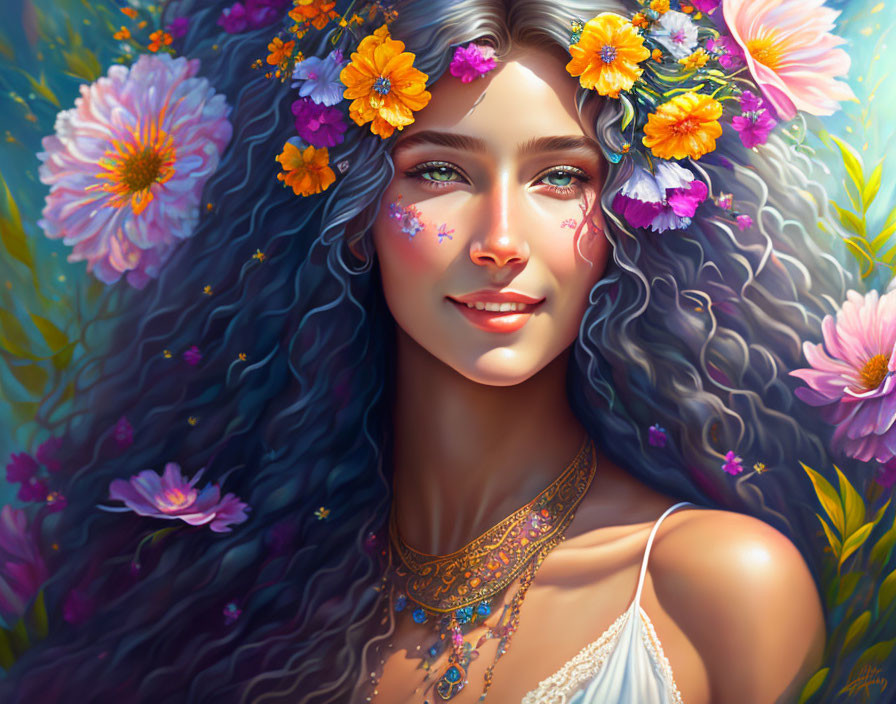 Curly-haired woman with flower adornments and bejeweled necklace in front of floral backdrop