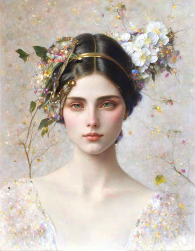 Portrait of woman with dark hair, gold headband, and flowers on soft floral background